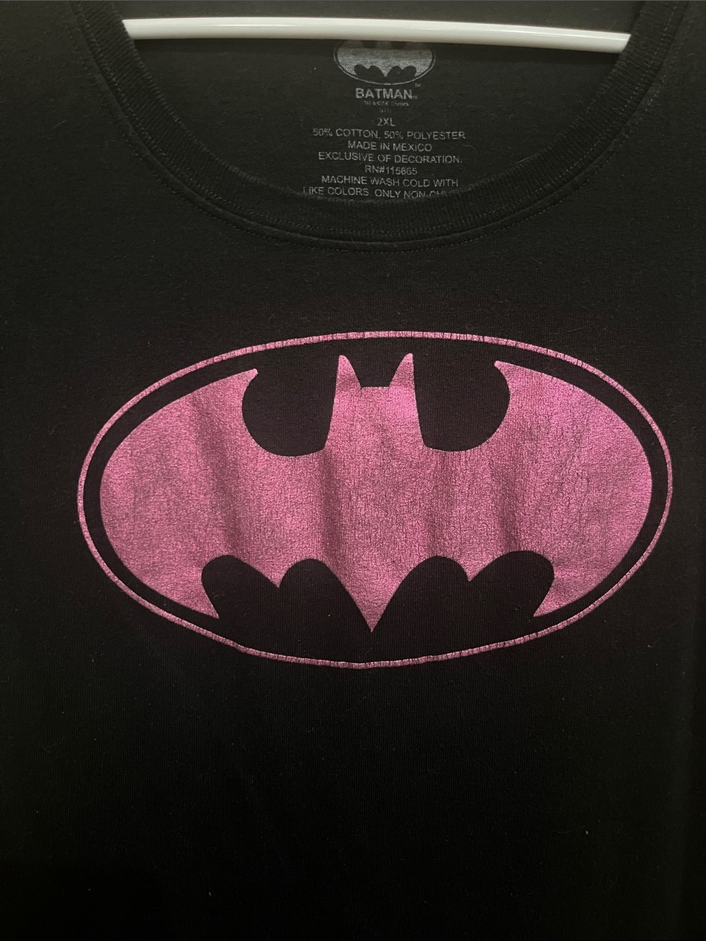 Batman Black Tee with Metallic Pink/Purple Bat Logo